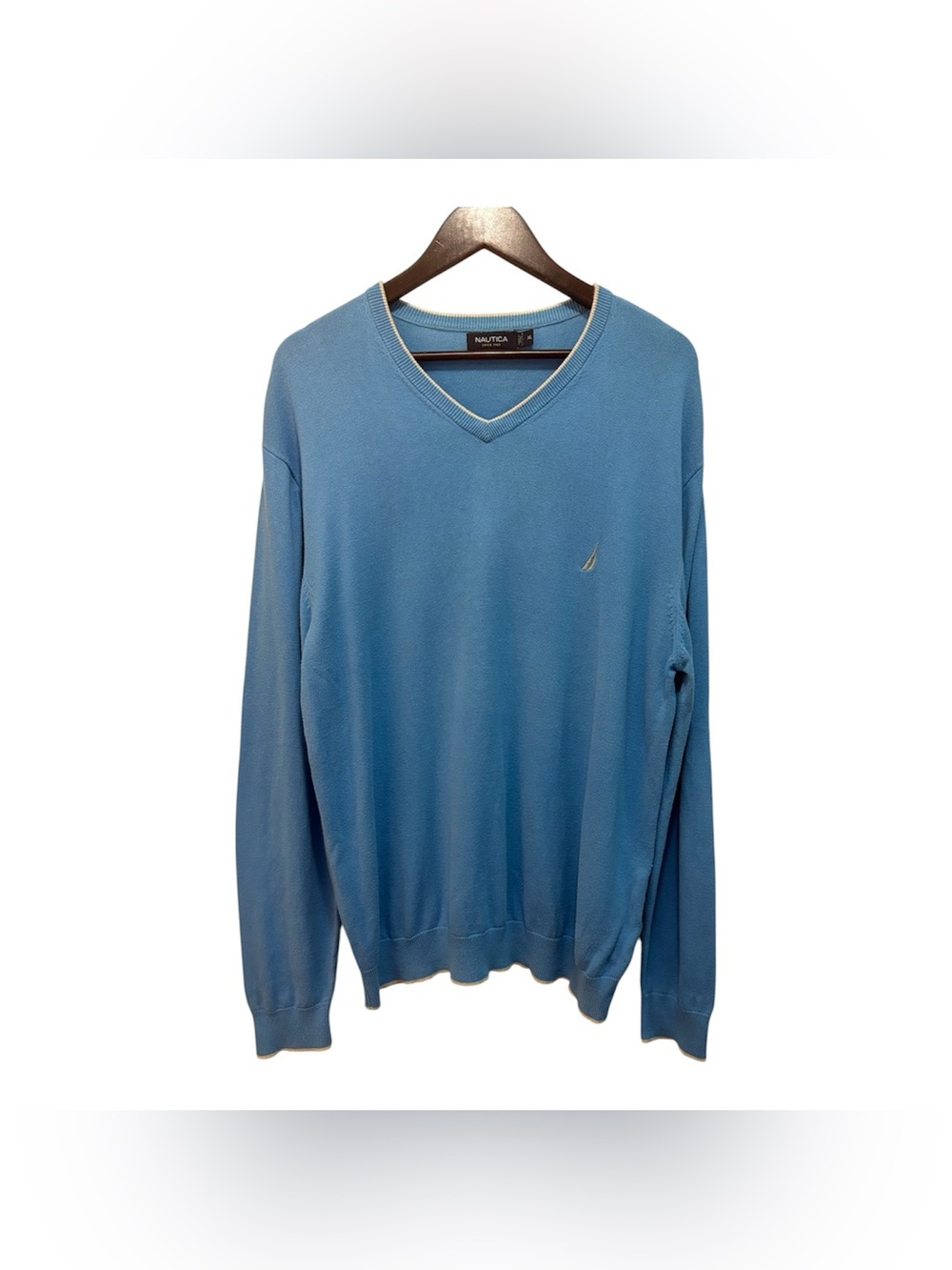 Nautica Preppy Minimalist Light Blue V-Neck Knit Sweater
